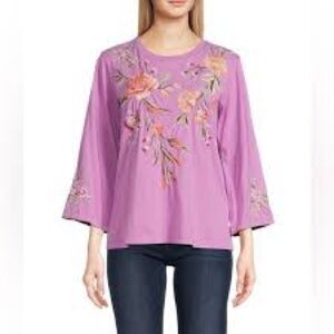 Johnny Was Lavender Floral Embroidered Blouse